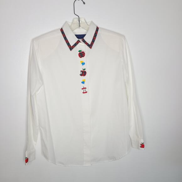 Karen Scott Teacher Button Front Shirt Apple Embroidery Plaid Trim Women Small - Picture 10 of 13